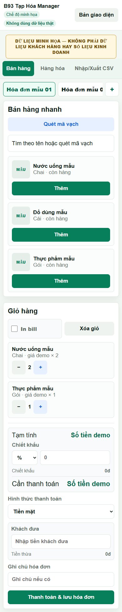 Giao diện bán hàng B93 Tạp Hóa Manager trên điện thoại với dữ liệu minh họa