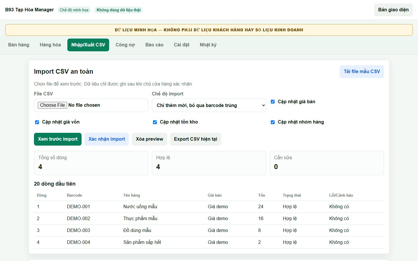 Bước xem trước dữ liệu CSV trong B93 Tạp Hóa Manager với các sản phẩm mẫu